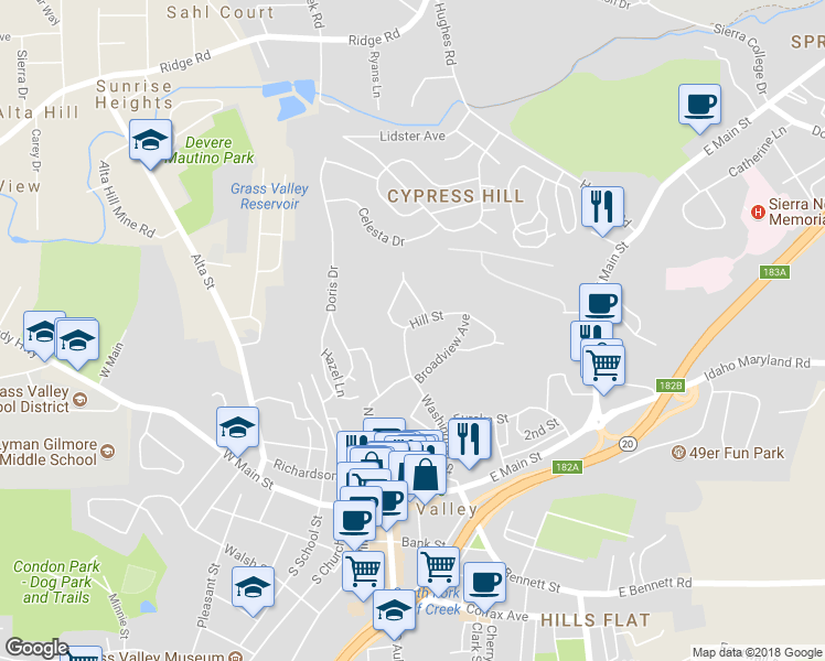 map of restaurants, bars, coffee shops, grocery stores, and more near 217 Hill Street in Grass Valley