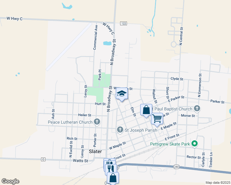 map of restaurants, bars, coffee shops, grocery stores, and more near 200-298 West Lincoln Street in Slater