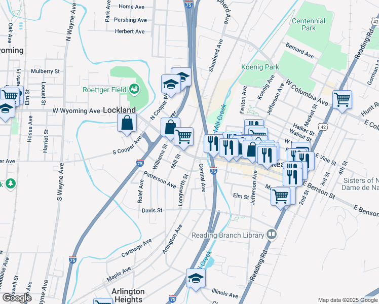 map of restaurants, bars, coffee shops, grocery stores, and more near 10 East Wyoming Avenue in Lockland