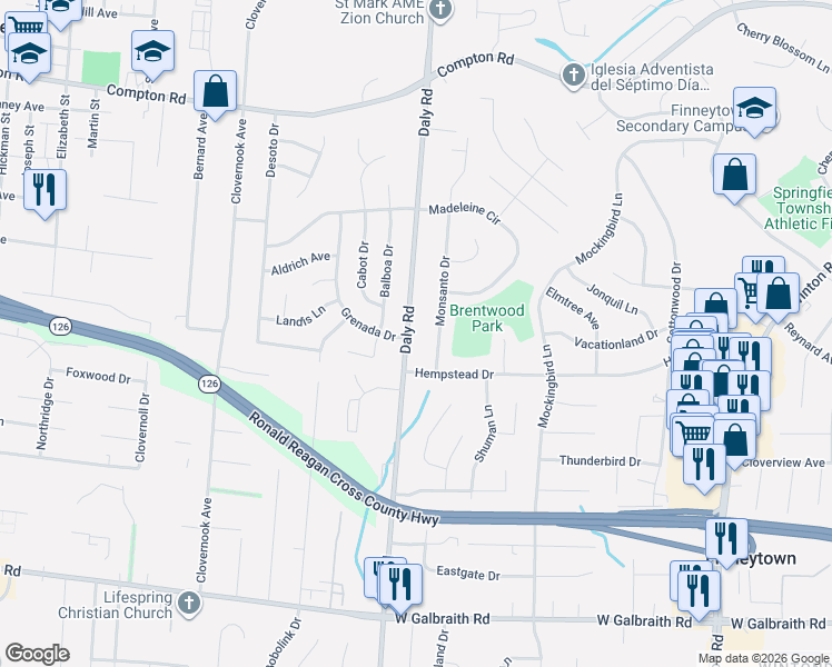 map of restaurants, bars, coffee shops, grocery stores, and more near 8705 Monsanto Drive in Cincinnati
