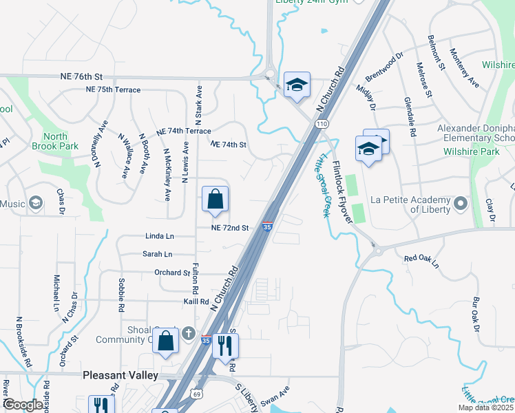 map of restaurants, bars, coffee shops, grocery stores, and more near 8908 Northeast 73rd Court in Kansas City