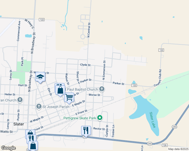 map of restaurants, bars, coffee shops, grocery stores, and more near 501 Block Street in Slater