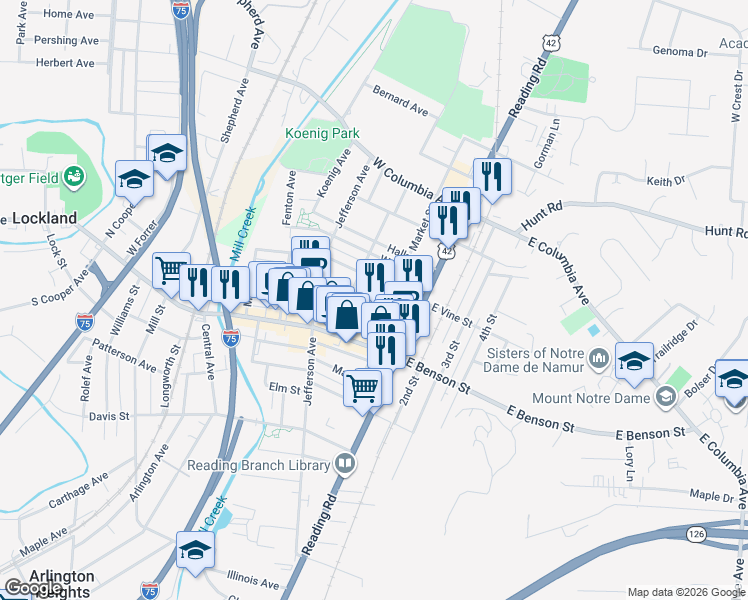 map of restaurants, bars, coffee shops, grocery stores, and more near 126 Pearl Street in Reading