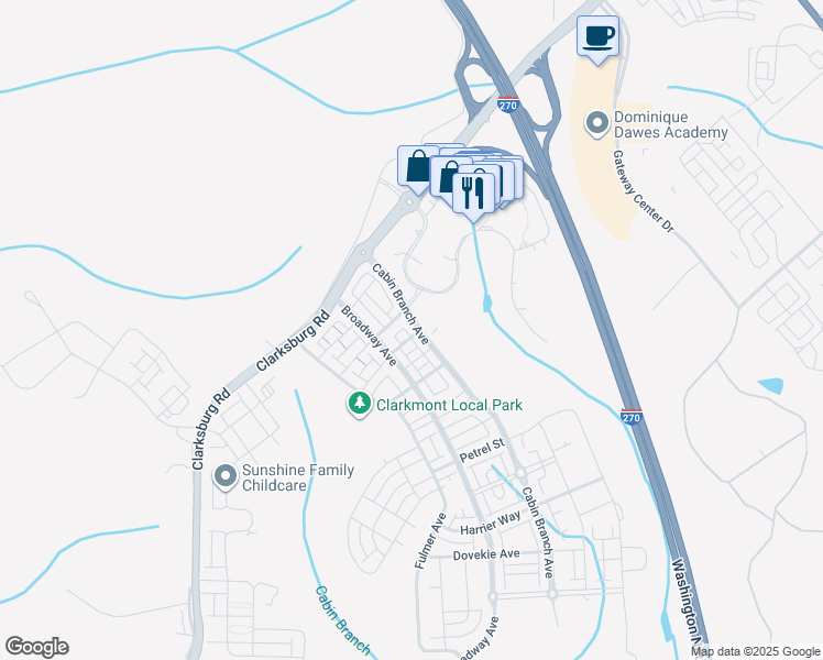 map of restaurants, bars, coffee shops, grocery stores, and more near 22461 Cabin Branch Avenue in Boyds