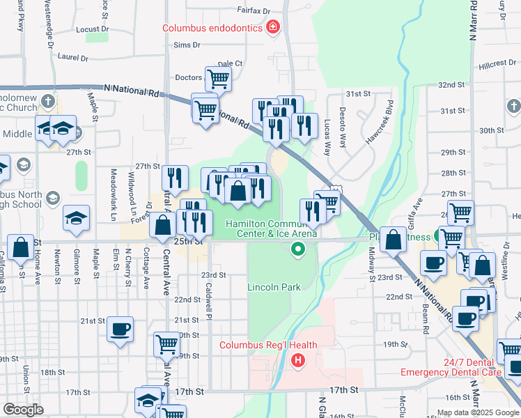 map of restaurants, bars, coffee shops, grocery stores, and more near 2394 25th Street in Columbus