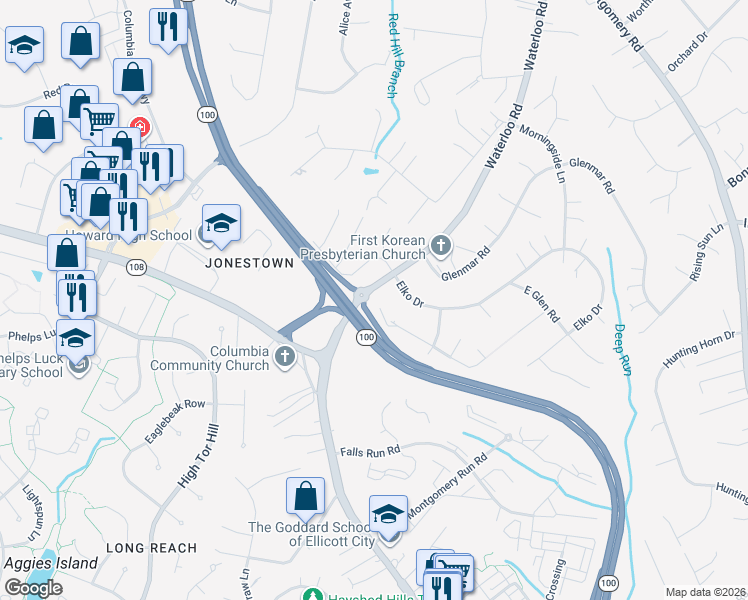 map of restaurants, bars, coffee shops, grocery stores, and more near 8434 Mitzy Lane in Ellicott City