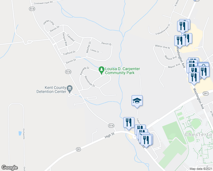 map of restaurants, bars, coffee shops, grocery stores, and more near 318 Lincoln Drive in Chestertown