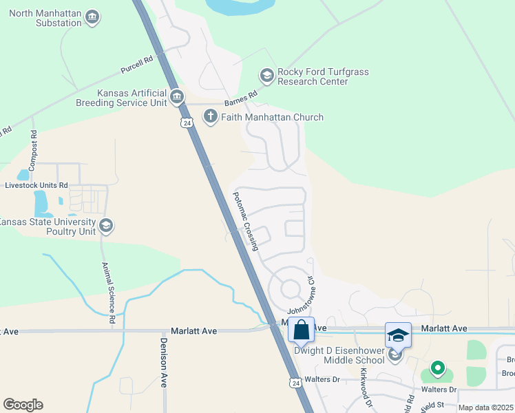 map of restaurants, bars, coffee shops, grocery stores, and more near 3000 Tuttle Creek Boulevard in Manhattan