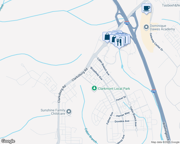 map of restaurants, bars, coffee shops, grocery stores, and more near 14045 Marketcenter Drive in Clarksburg
