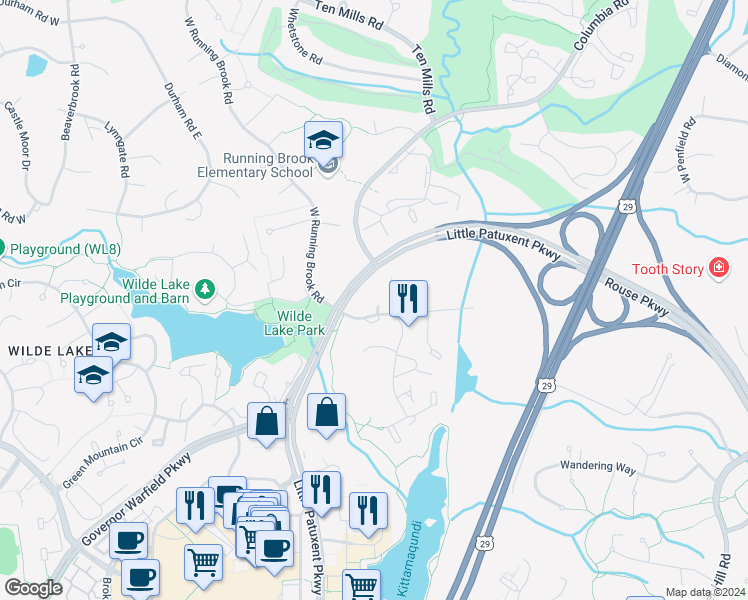 map of restaurants, bars, coffee shops, grocery stores, and more near 5354 Smooth Meadow Way in Columbia