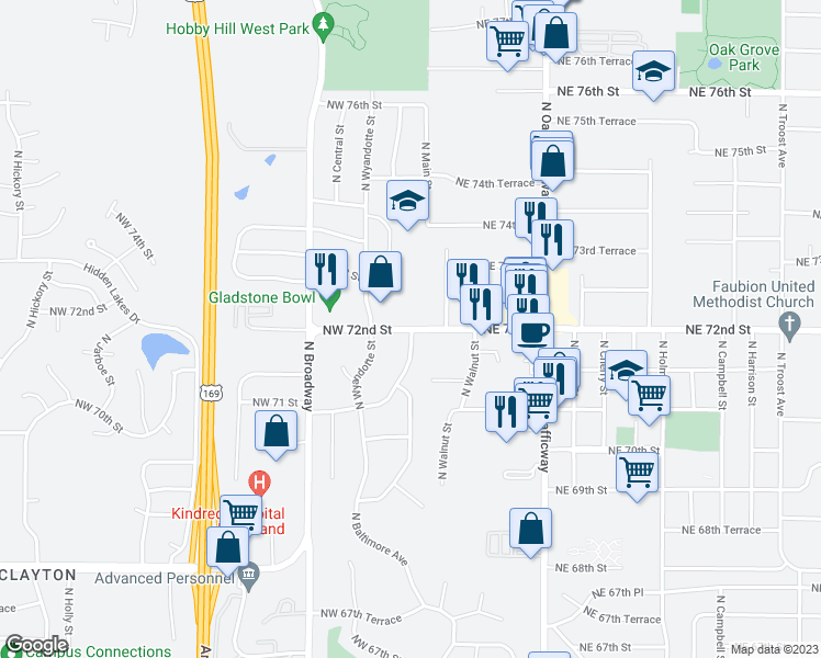 map of restaurants, bars, coffee shops, grocery stores, and more near 18 Northwest 72nd Street in Gladstone