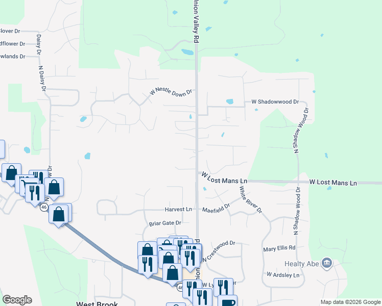map of restaurants, bars, coffee shops, grocery stores, and more near 5105-5165 North Union Valley Road in Bloomington