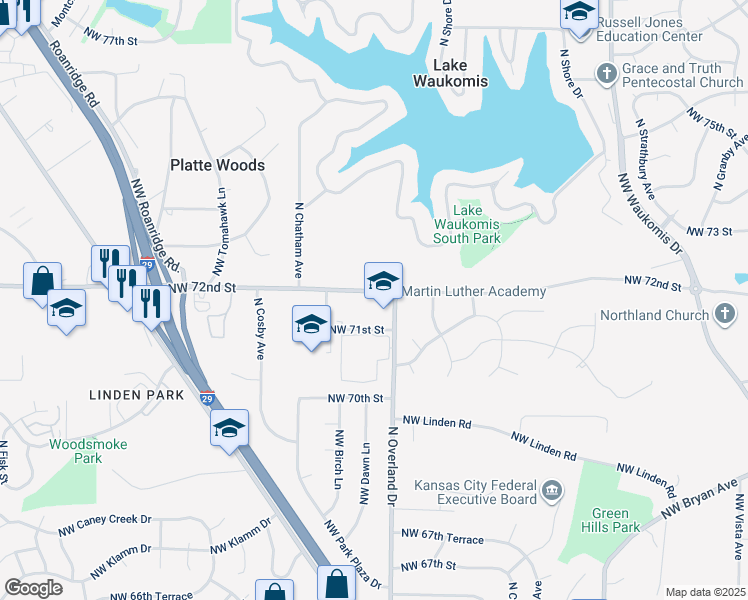 map of restaurants, bars, coffee shops, grocery stores, and more near 5207 Northwest 72nd Street in Kansas City