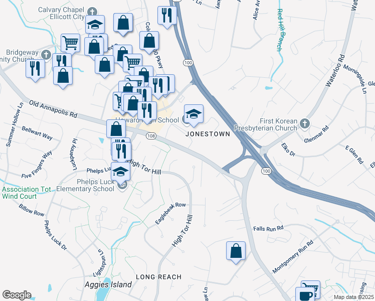 map of restaurants, bars, coffee shops, grocery stores, and more near 8666 Old Annapolis Road in Columbia