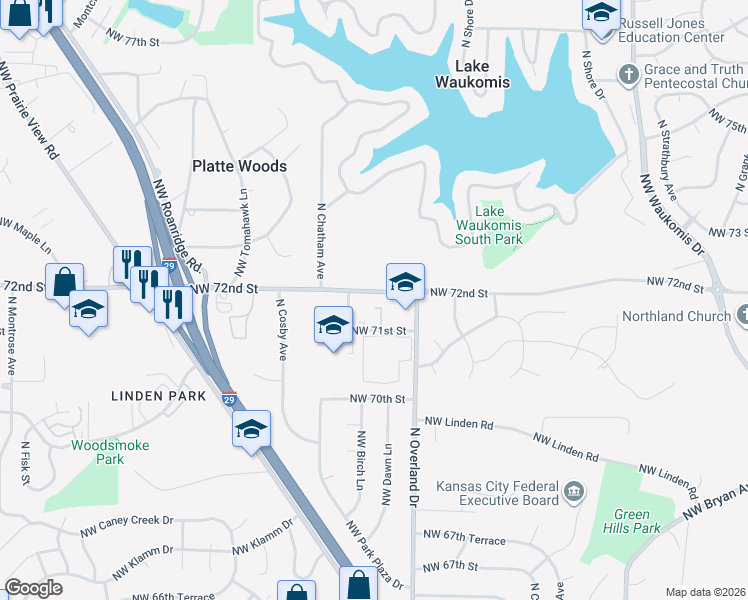 map of restaurants, bars, coffee shops, grocery stores, and more near 5305 Northwest 72nd Street in Kansas City