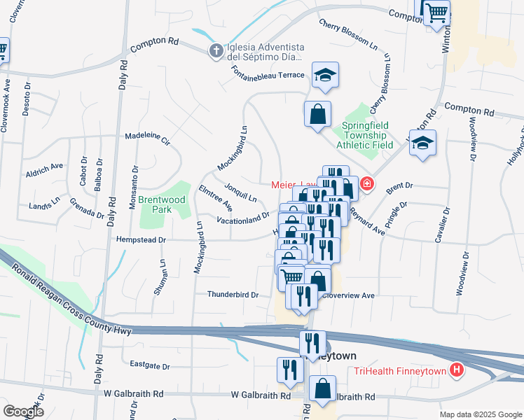 map of restaurants, bars, coffee shops, grocery stores, and more near 976 Vacationland Drive in Cincinnati