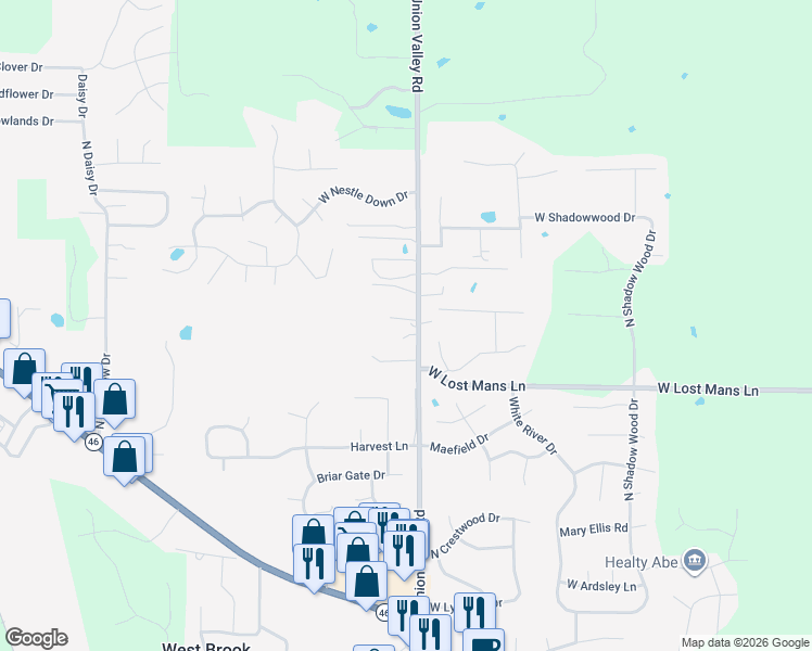 map of restaurants, bars, coffee shops, grocery stores, and more near 5105-5165 North Union Valley Road in Bloomington