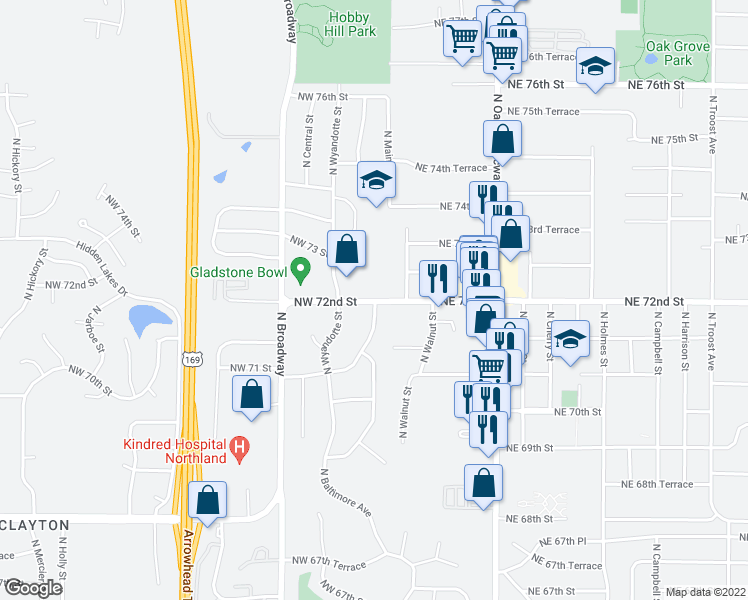 map of restaurants, bars, coffee shops, grocery stores, and more near 4 Northwest 72nd Street in Gladstone