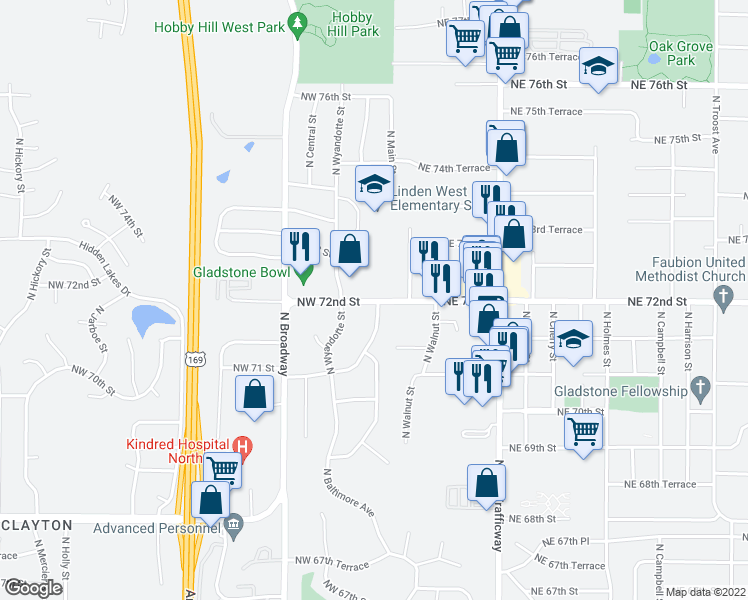 map of restaurants, bars, coffee shops, grocery stores, and more near 4 Northwest 72nd Street in Gladstone