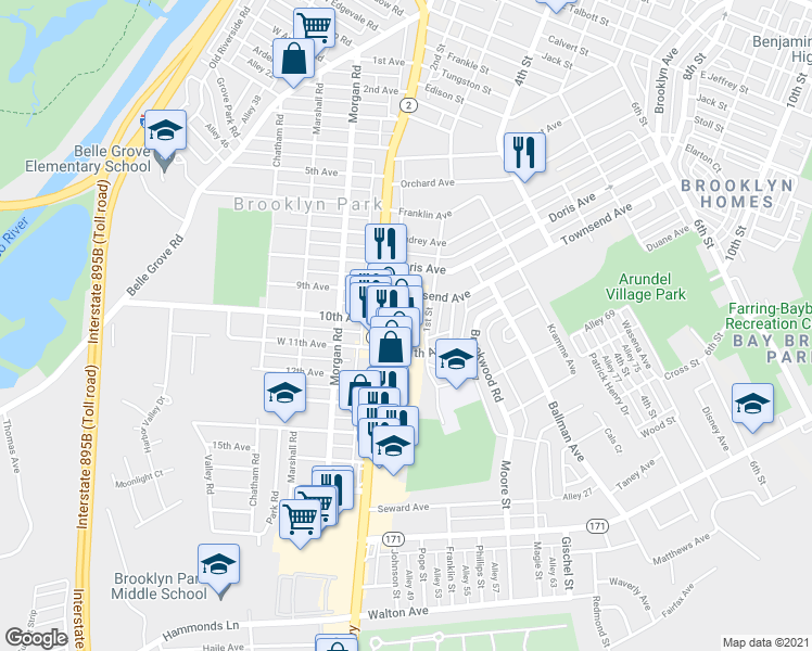 map of restaurants, bars, coffee shops, grocery stores, and more near 5009 Governor Ritchie Highway in Baltimore