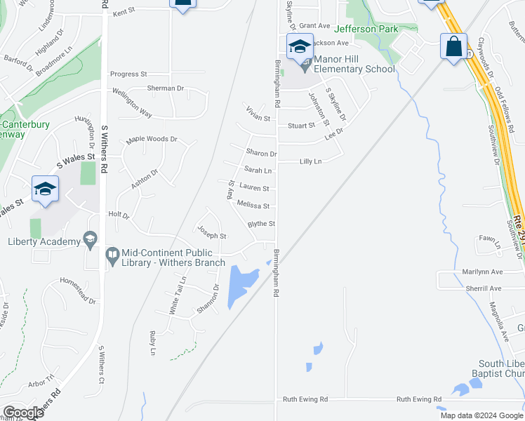 map of restaurants, bars, coffee shops, grocery stores, and more near 511 Melissa Street in Liberty
