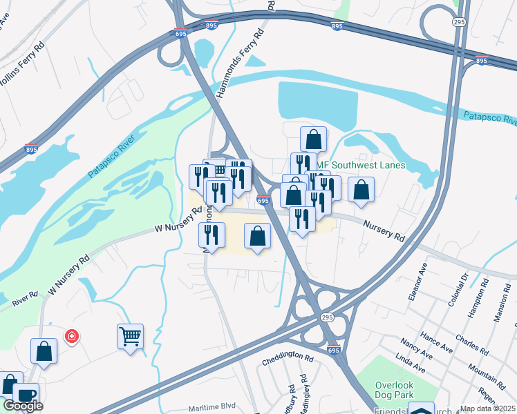 map of restaurants, bars, coffee shops, grocery stores, and more near 800 Nursery Road in Linthicum Heights