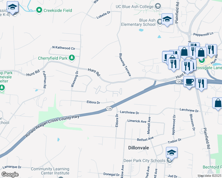 map of restaurants, bars, coffee shops, grocery stores, and more near 3825 Fox Run Drive in Blue Ash