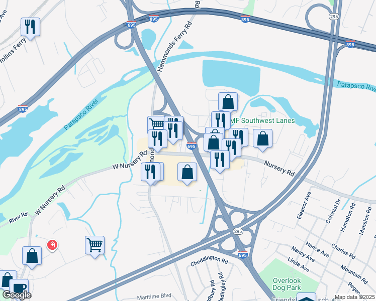 map of restaurants, bars, coffee shops, grocery stores, and more near 800 Nursery Road in Linthicum Heights