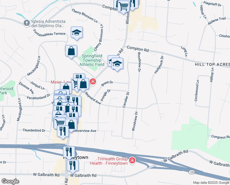 map of restaurants, bars, coffee shops, grocery stores, and more near 8700 Pringle Drive in Cincinnati