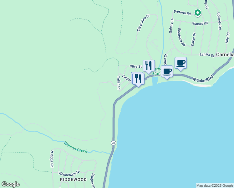 map of restaurants, bars, coffee shops, grocery stores, and more near 293 Tallac Street in Carnelian Bay