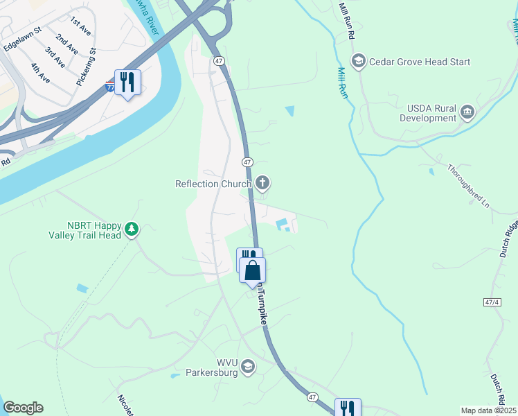 map of restaurants, bars, coffee shops, grocery stores, and more near 2875 Staunton Avenue in Parkersburg