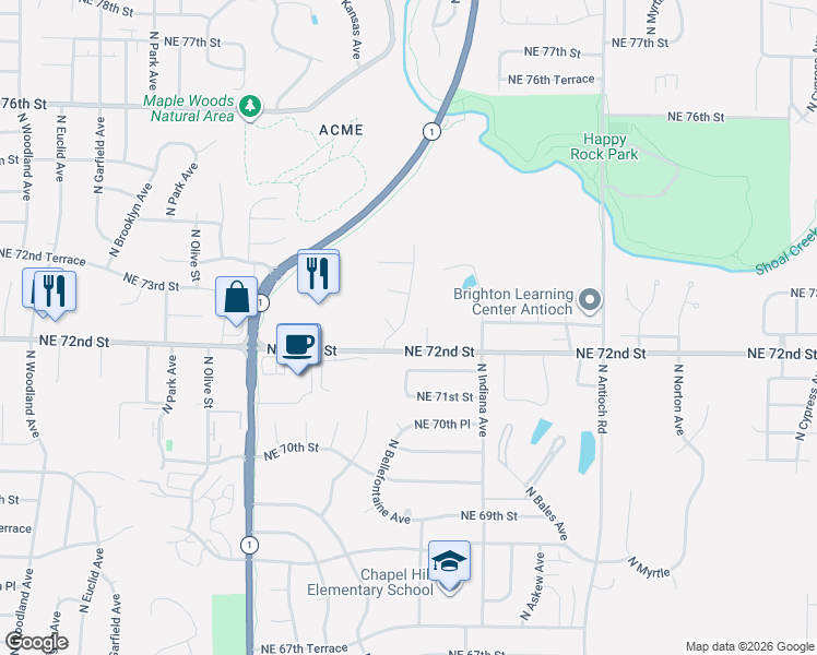 map of restaurants, bars, coffee shops, grocery stores, and more near 7217 North Bellefontaine Avenue in Kansas City