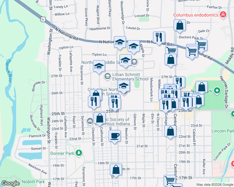 map of restaurants, bars, coffee shops, grocery stores, and more near 2564 Home Avenue in Columbus