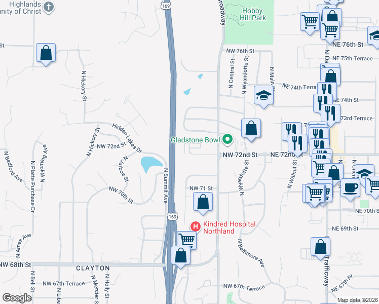 map of restaurants, bars, coffee shops, grocery stores, and more near 527 Northwest 72nd Court in Kansas City
