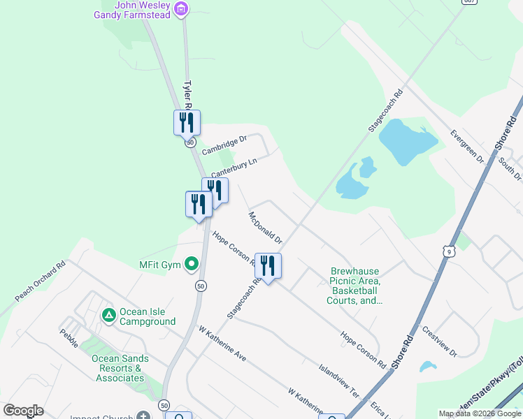 map of restaurants, bars, coffee shops, grocery stores, and more near 12 Williams Way in Cape May County