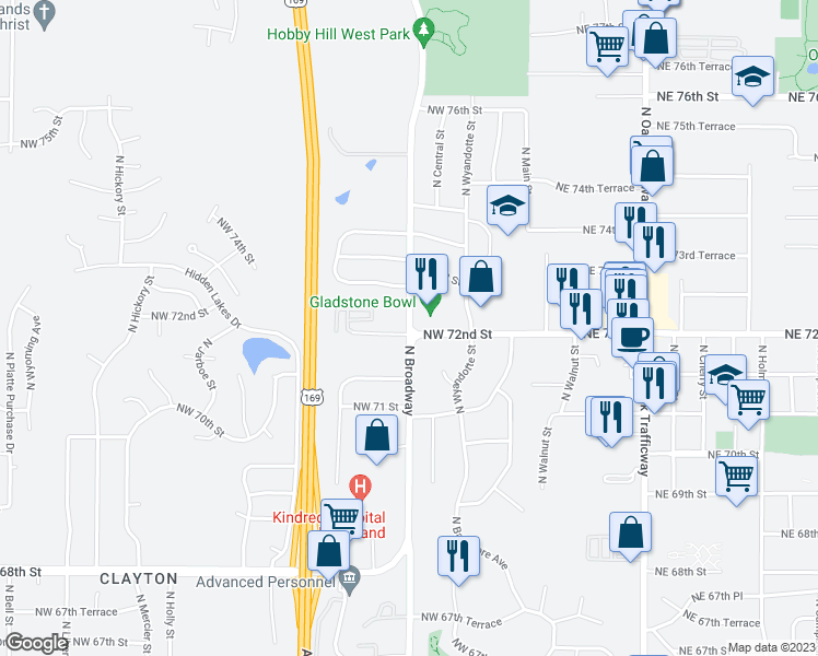map of restaurants, bars, coffee shops, grocery stores, and more near 7208 North Broadway in Gladstone