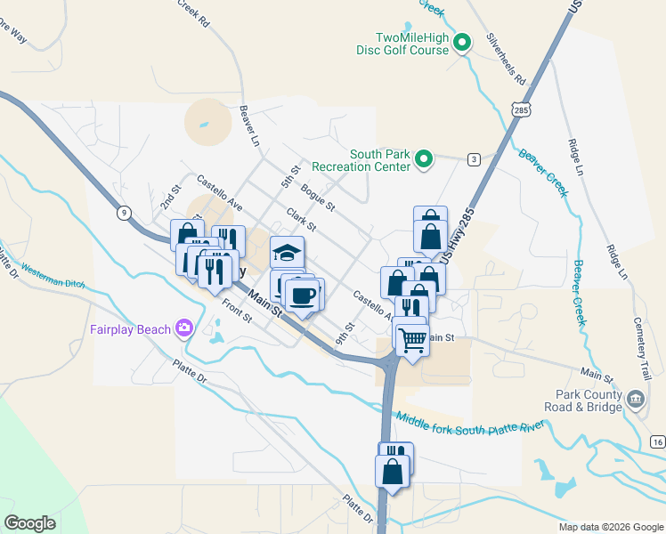 map of restaurants, bars, coffee shops, grocery stores, and more near 490 8th Street in Fairplay