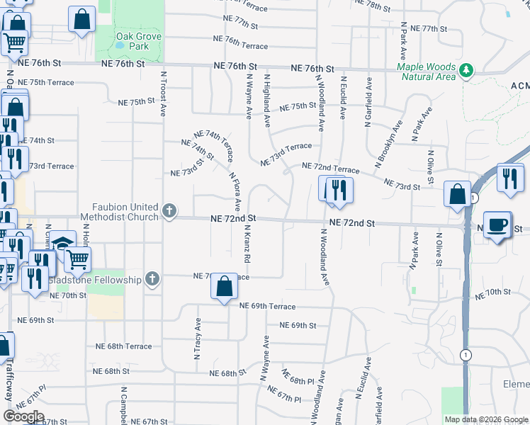 map of restaurants, bars, coffee shops, grocery stores, and more near 1604 Northeast 72nd Street in Kansas City