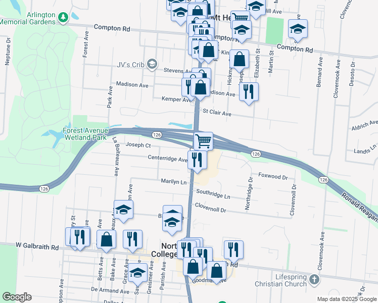 map of restaurants, bars, coffee shops, grocery stores, and more near 1603 Joseph Court in Cincinnati
