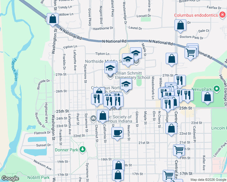 map of restaurants, bars, coffee shops, grocery stores, and more near 2564 Home Avenue in Columbus