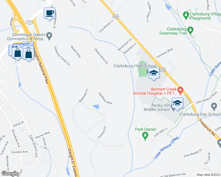 map of restaurants, bars, coffee shops, grocery stores, and more near 135 Prado Lane in Clarksburg