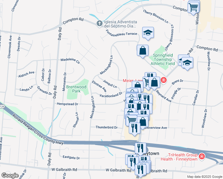 map of restaurants, bars, coffee shops, grocery stores, and more near 1002 Jonquil Lane in Cincinnati