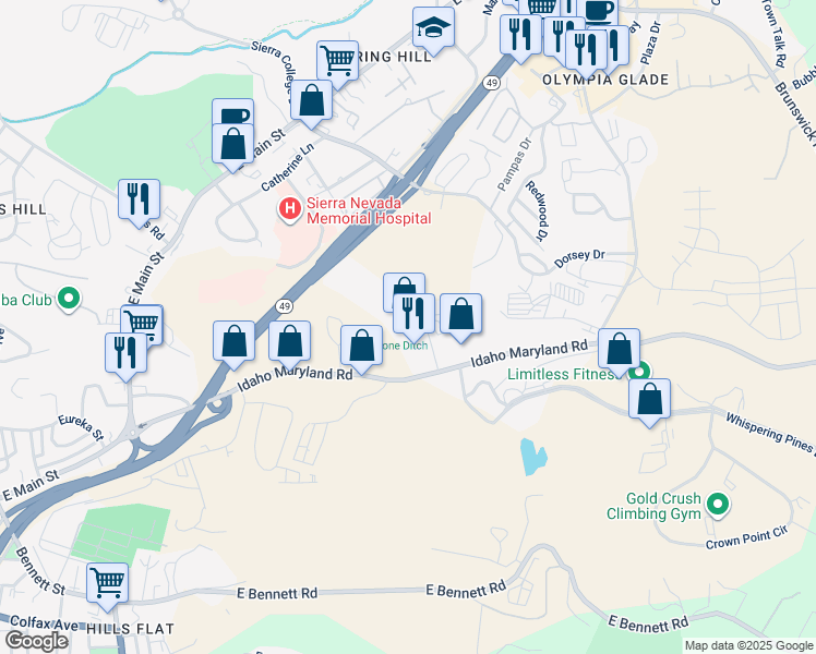 map of restaurants, bars, coffee shops, grocery stores, and more near 155 Spring Hill Drive in Grass Valley