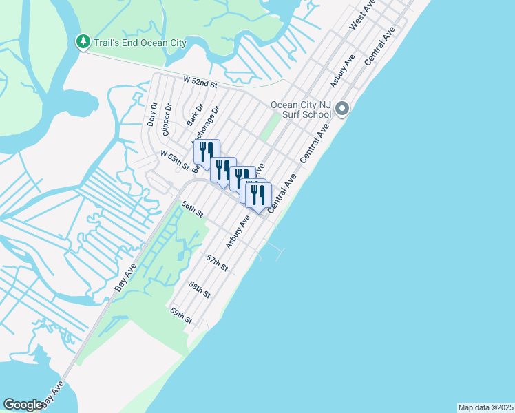 map of restaurants, bars, coffee shops, grocery stores, and more near 309 East 55th Street in Ocean City