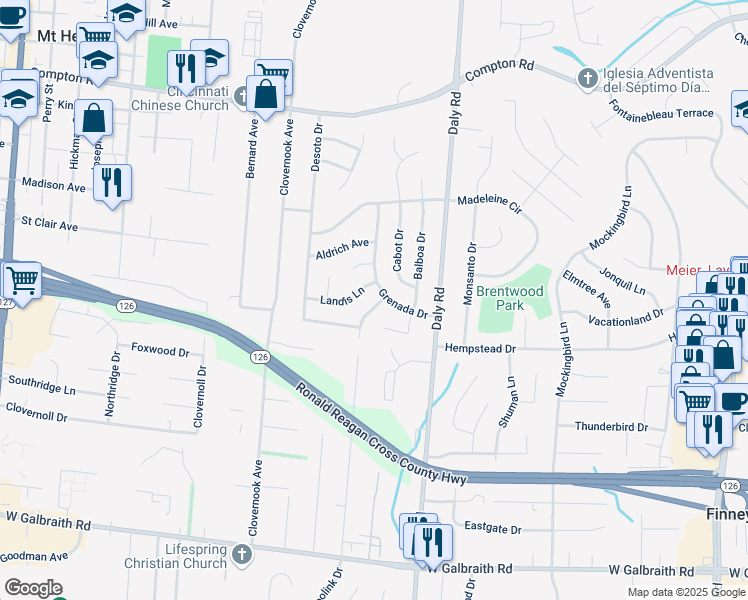 map of restaurants, bars, coffee shops, grocery stores, and more near 8728 Grenada Drive in Cincinnati