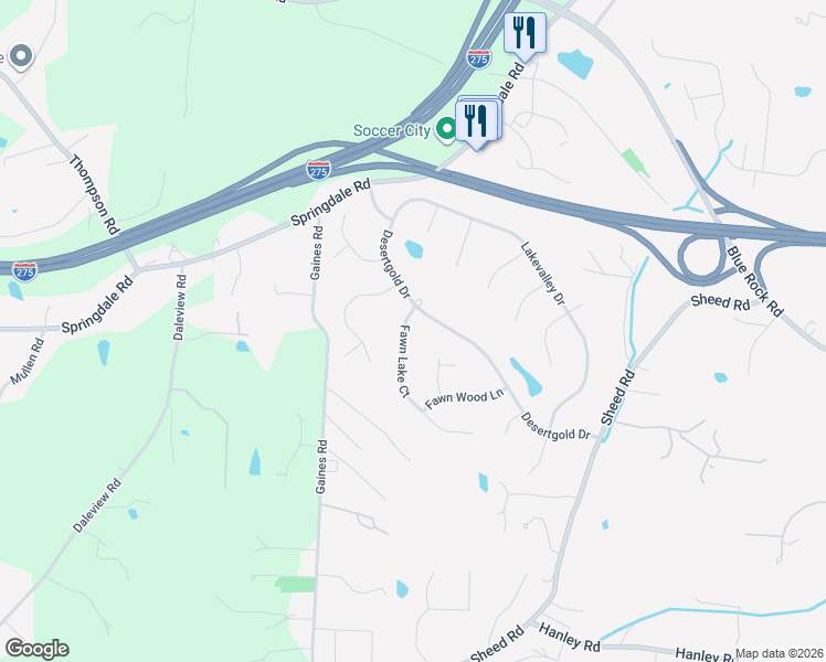 map of restaurants, bars, coffee shops, grocery stores, and more near 5631 Desertgold Drive in Cincinnati