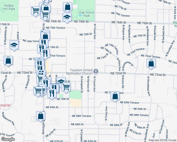 map of restaurants, bars, coffee shops, grocery stores, and more near in Gladstone