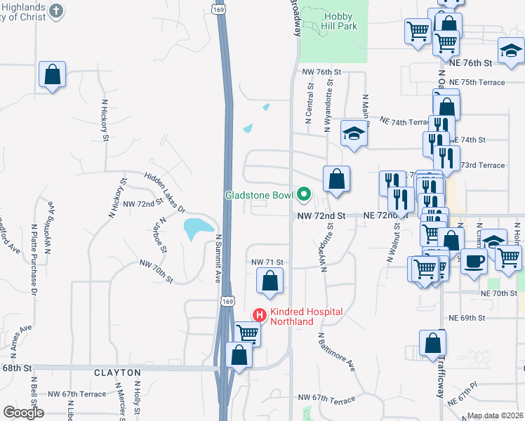 map of restaurants, bars, coffee shops, grocery stores, and more near 7222 North Washington Street in Kansas City