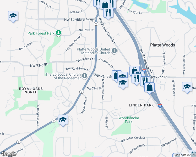 map of restaurants, bars, coffee shops, grocery stores, and more near 6707 Northwest 72nd Street in Kansas City