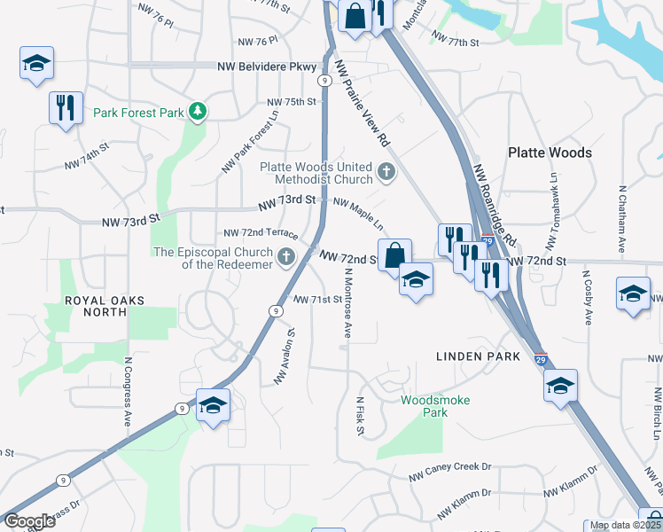 map of restaurants, bars, coffee shops, grocery stores, and more near 6707 Northwest 72nd Street in Kansas City